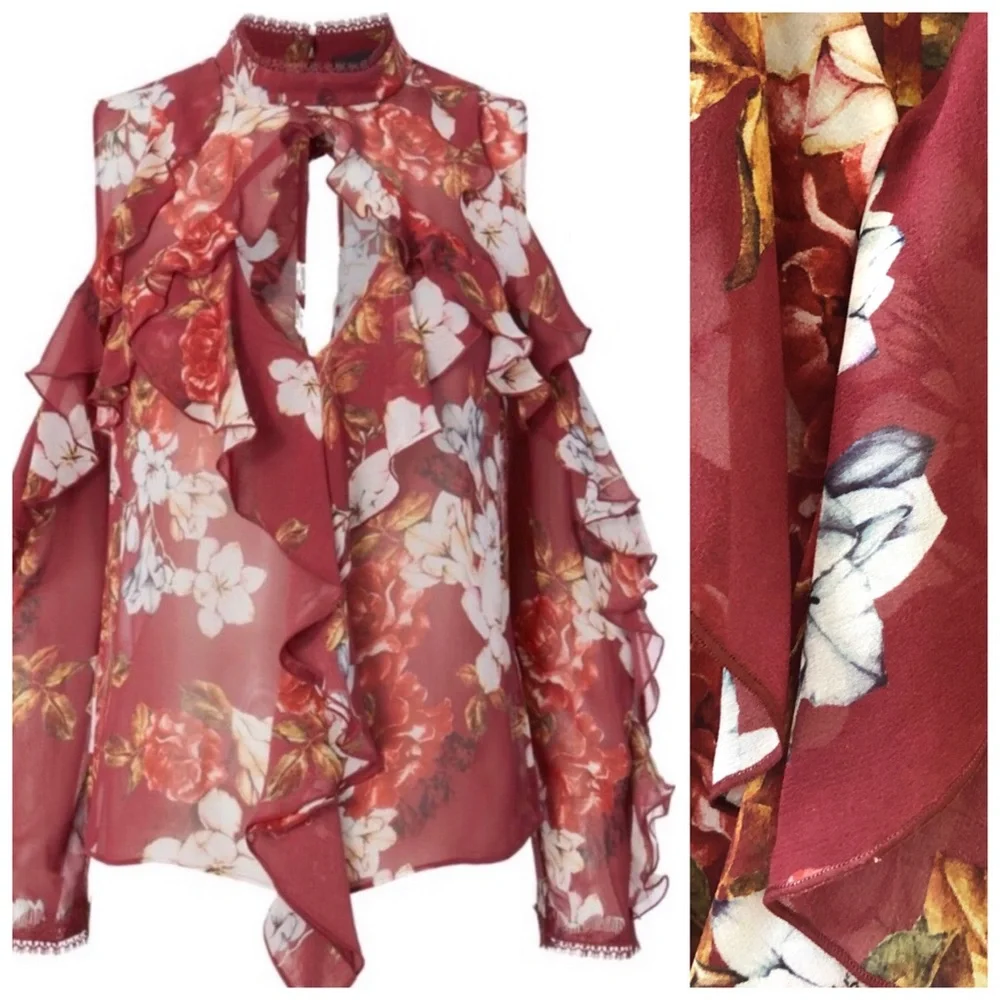 NICHOLAS Celeste Cold Shoulder Silk Blouse Top, Ruffle Floral sz. 2 - Picture 15 of 17